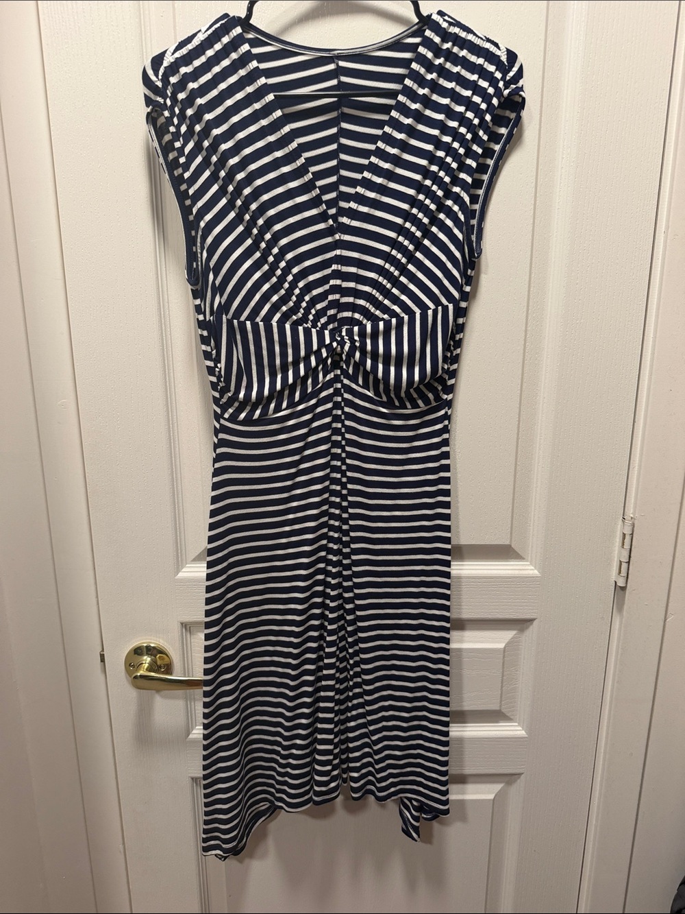 Striped Navy and White Knot-Front Midi Dress